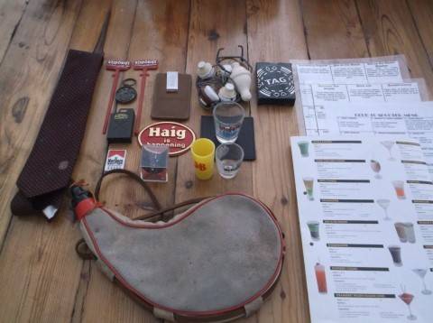 BAR ACCESSORIES : LEATHER WINE BOTA BAG, TIE, COCKTAIL RECIPES, BELL'S MONEY WALLET ETC